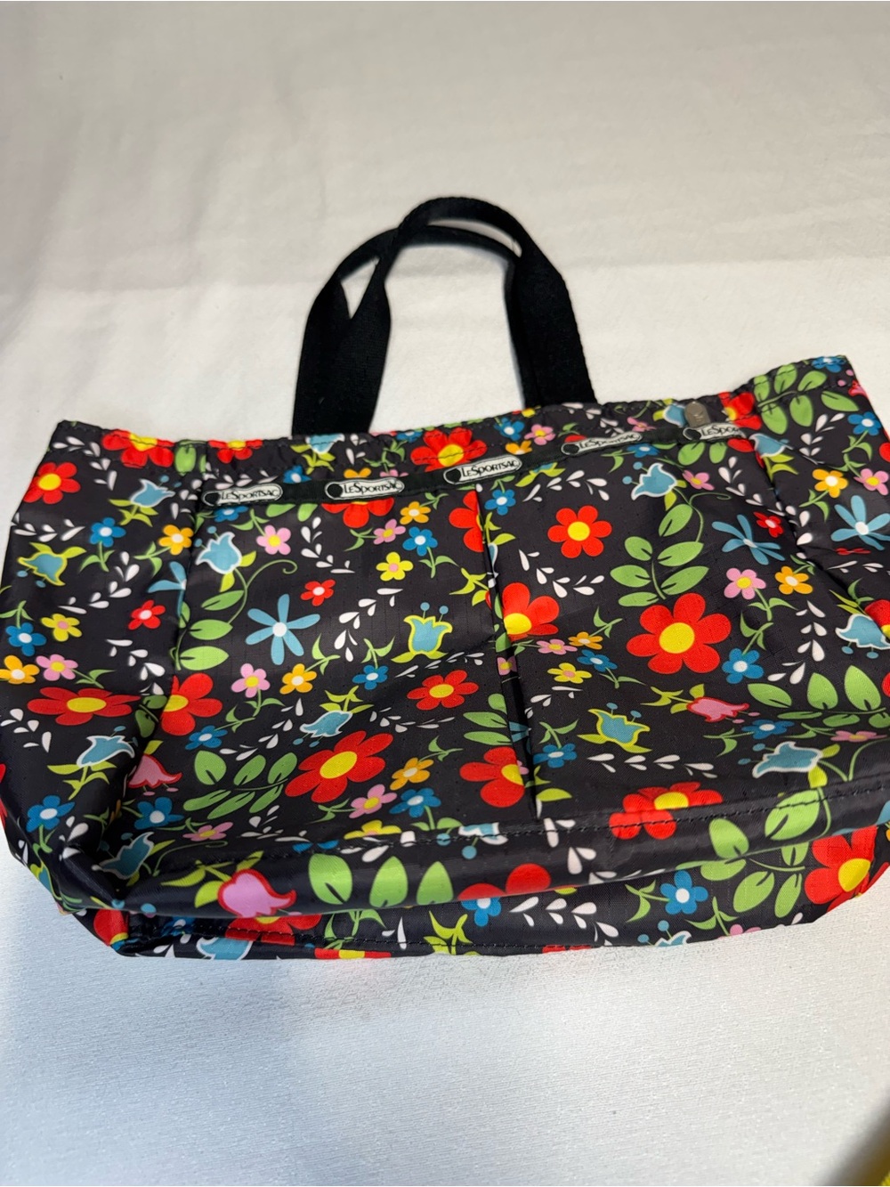 LeSportsac Black Floral Tote with Multicolor Flowers